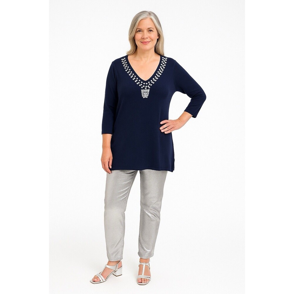 Cashmere Blend IMAN Large Sweater Tunic Navy Embellished V Neck